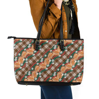 Polynesian Monstera Tiare Floral Leather Tote Bag Chocolate Brown Tropical Plaid - Polynesian Pride