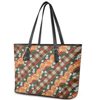 Polynesian Monstera Tiare Floral Leather Tote Bag Chocolate Brown Tropical Plaid - Polynesian Pride