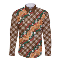 Polynesian Monstera Tiare Floral Long Sleeve Button Shirt Chocolate Brown Tropical Plaid - Polynesian Pride