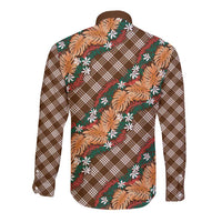 Polynesian Monstera Tiare Floral Long Sleeve Button Shirt Chocolate Brown Tropical Plaid - Polynesian Pride