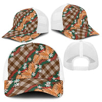 Polynesian Monstera Tiare Floral Mesh Trucker Cap Chocolate Brown Tropical Plaid - Polynesian Pride