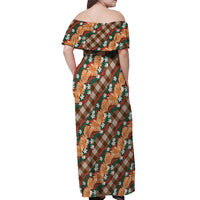 Polynesian Monstera Tiare Floral Off Shoulder Maxi Dress Chocolate Brown Tropical Plaid - Polynesian Pride