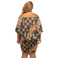 Polynesian Monstera Tiare Floral Off Shoulder Short Dress Chocolate Brown Tropical Plaid - Polynesian Pride