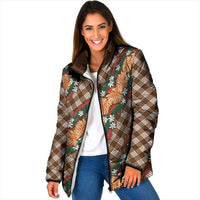 Polynesian Monstera Tiare Floral Padded Jacket Chocolate Brown Tropical Plaid - Polynesian Pride