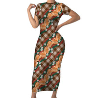 Polynesian Monstera Tiare Floral Short Sleeve Bodycon Dress Chocolate Brown Tropical Plaid - Polynesian Pride