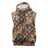 Polynesian Monstera Tiare Floral Sleeveless Zip Hoodie Chocolate Brown Tropical Plaid - Polynesian Pride