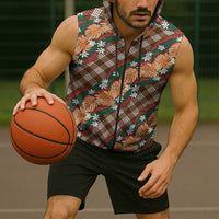 Polynesian Monstera Tiare Floral Sleeveless Zip Hoodie Chocolate Brown Tropical Plaid - Polynesian Pride