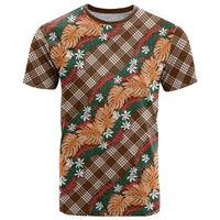 Polynesian Monstera Tiare Floral T Shirt Chocolate Brown Tropical Plaid - Polynesian Pride
