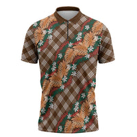 Polynesian Monstera Tiare Floral Zipper Polo Shirt Chocolate Brown Tropical Plaid - Polynesian Pride