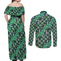 Polynesian Monstera Tiare Floral Couples Matching Off Shoulder Maxi Dress and Long Sleeve Button Shirt Forest Green Tropical Plaid - Polynesian Pride