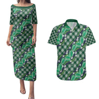 Polynesian Monstera Tiare Floral Couples Matching Puletasi and Hawaiian Shirt Forest Green Tropical Plaid - Polynesian Pride