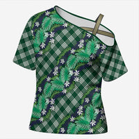 Polynesian Monstera Tiare Floral Cross Shoulder Shirt Forest Green Tropical Plaid - Polynesian Pride