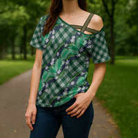 Polynesian Monstera Tiare Floral Cross Shoulder Shirt Forest Green Tropical Plaid - Polynesian Pride