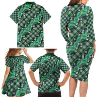 Polynesian Monstera Tiare Floral Family Matching Long Sleeve Bodycon Dress and Hawaiian Shirt Forest Green Tropical Plaid - Polynesian Pride