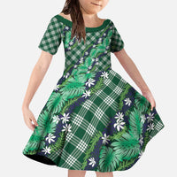 Polynesian Monstera Tiare Floral Family Matching Off The Shoulder Long Sleeve Dress and Hawaiian Shirt Forest Green Tropical Plaid - Polynesian Pride