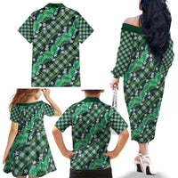 Polynesian Monstera Tiare Floral Family Matching Off The Shoulder Long Sleeve Dress and Hawaiian Shirt Forest Green Tropical Plaid - Polynesian Pride