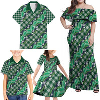 Polynesian Monstera Tiare Floral Family Matching Off Shoulder Maxi Dress and Hawaiian Shirt Forest Green Tropical Plaid - Polynesian Pride