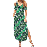 Polynesian Monstera Tiare Floral Family Matching Summer Maxi Dress and Hawaiian Shirt Forest Green Tropical Plaid - Polynesian Pride
