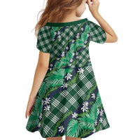 Polynesian Monstera Tiare Floral Kid Short Sleeve Dress Forest Green Tropical Plaid - Polynesian Pride