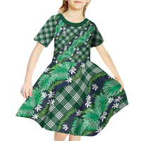 Polynesian Monstera Tiare Floral Kid Short Sleeve Dress Forest Green Tropical Plaid - Polynesian Pride