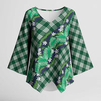 Polynesian Monstera Tiare Floral Kimono Sleeve Blouse Forest Green Tropical Plaid - Polynesian Pride