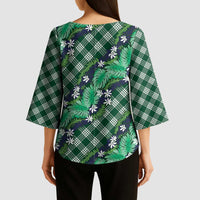Polynesian Monstera Tiare Floral Kimono Sleeve Blouse Forest Green Tropical Plaid - Polynesian Pride