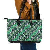Polynesian Monstera Tiare Floral Leather Tote Bag Forest Green Tropical Plaid - Polynesian Pride
