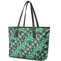 Polynesian Monstera Tiare Floral Leather Tote Bag Forest Green Tropical Plaid - Polynesian Pride