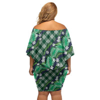Polynesian Monstera Tiare Floral Off Shoulder Short Dress Forest Green Tropical Plaid - Polynesian Pride