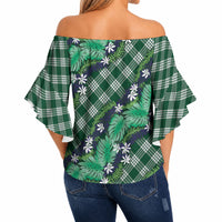 Polynesian Monstera Tiare Floral Off Shoulder Wrap Waist Top Forest Green Tropical Plaid LT01 - Polynesian Pride
