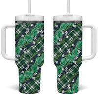 Polynesian Monstera Tiare Floral Tumbler With Handle Forest Green Tropical Plaid - Polynesian Pride
