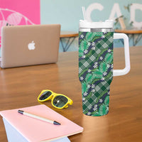 Polynesian Monstera Tiare Floral Tumbler With Handle Forest Green Tropical Plaid - Polynesian Pride