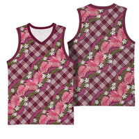 Polynesian Monstera Tiare Floral Basketball Jersey Fuchsia Tropical Plaid - Polynesian Pride