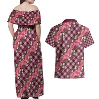 Polynesian Monstera Tiare Floral Couples Matching Off Shoulder Maxi Dress and Hawaiian Shirt Fuchsia Tropical Plaid - Polynesian Pride