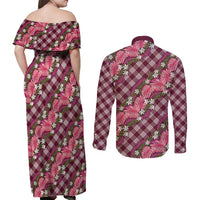 Polynesian Monstera Tiare Floral Couples Matching Off Shoulder Maxi Dress and Long Sleeve Button Shirt Fuchsia Tropical Plaid - Polynesian Pride