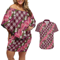 Polynesian Monstera Tiare Floral Couples Matching Off Shoulder Short Dress and Hawaiian Shirt Fuchsia Tropical Plaid - Polynesian Pride
