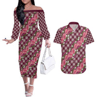 Polynesian Monstera Tiare Floral Couples Matching Off The Shoulder Long Sleeve Dress and Hawaiian Shirt Fuchsia Tropical Plaid - Polynesian Pride