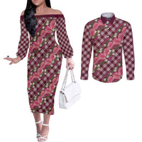 Polynesian Monstera Tiare Floral Couples Matching Off The Shoulder Long Sleeve Dress and Long Sleeve Button Shirt Fuchsia Tropical Plaid - Polynesian Pride