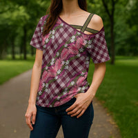 Polynesian Monstera Tiare Floral Cross Shoulder Shirt Fuchsia Tropical Plaid - Polynesian Pride