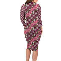 Polynesian Monstera Tiare Floral Family Matching Long Sleeve Bodycon Dress and Hawaiian Shirt Fuchsia Tropical Plaid - Polynesian Pride