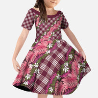 Polynesian Monstera Tiare Floral Family Matching Off The Shoulder Long Sleeve Dress and Hawaiian Shirt Fuchsia Tropical Plaid - Polynesian Pride