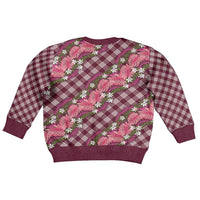 Polynesian Monstera Tiare Floral Kid Ugly Christmas Sweater Fuchsia Tropical Plaid - Polynesian Pride