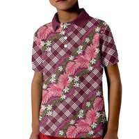Polynesian Monstera Tiare Floral Kid Polo Shirt Fuchsia Tropical Plaid - Polynesian Pride