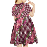 Polynesian Monstera Tiare Floral Kid Short Sleeve Dress Fuchsia Tropical Plaid - Polynesian Pride