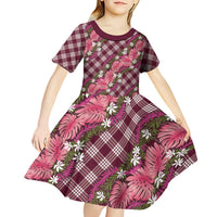Polynesian Monstera Tiare Floral Kid Short Sleeve Dress Fuchsia Tropical Plaid - Polynesian Pride