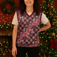 Polynesian Monstera Tiare Floral Christmas Knitted V-Neck Vest Fuchsia Tropical Plaid - Polynesian Pride