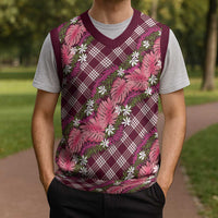 Polynesian Monstera Tiare Floral Christmas Knitted V-Neck Vest Fuchsia Tropical Plaid - Polynesian Pride