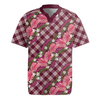 Polynesian Monstera Tiare Floral Rugby Jersey Fuchsia Tropical Plaid - Polynesian Pride