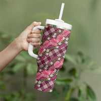 Polynesian Monstera Tiare Floral Tumbler With Handle Fuchsia Tropical Plaid LT01 - Polynesian Pride
