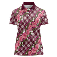 Polynesian Monstera Tiare Floral Women Polo Shirt Fuchsia Tropical Plaid - Polynesian Pride